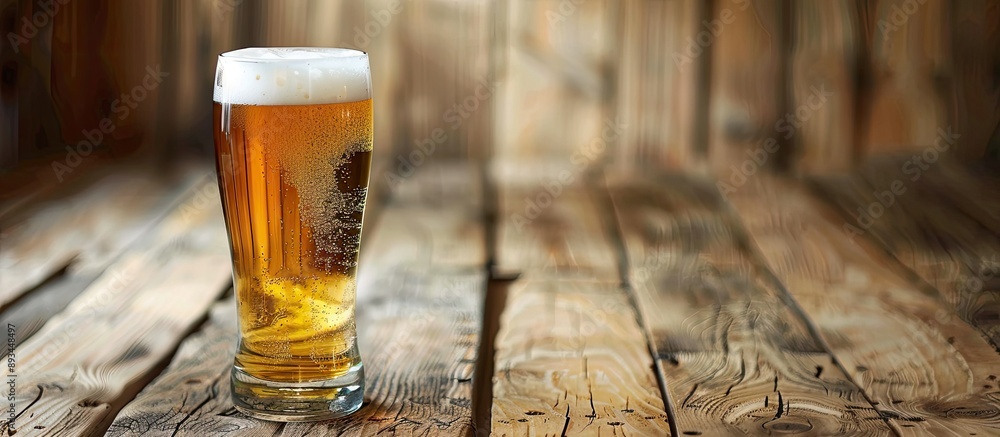 Aufkleber A glass of beer rests on a wooden surface with a blank space in the background for text or images making it a perfect copy space image