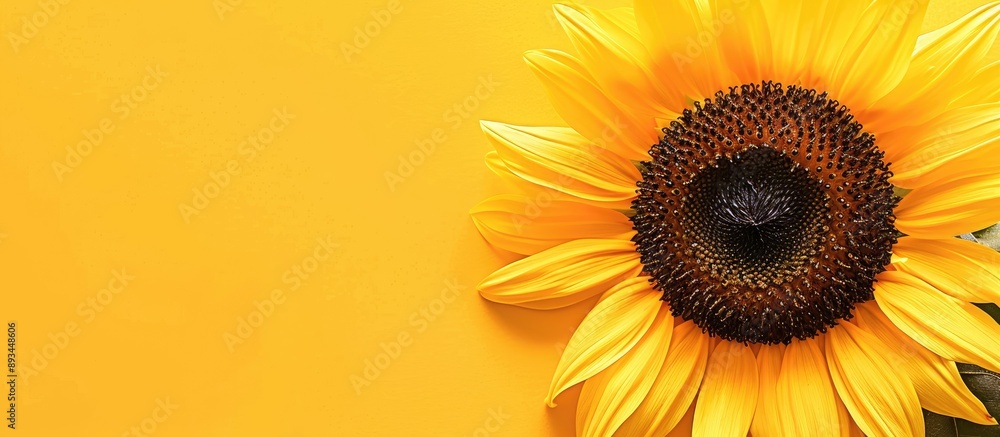 Poster sunflower head on a yellow background with copy space image a close minimal macro shot emphasizing t