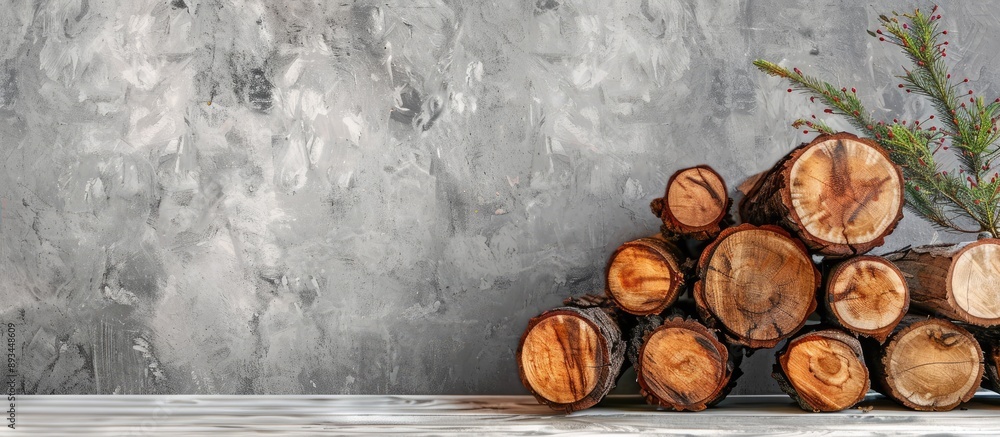 Poster Stack of assorted natural wooden logs against a rustic background with copy space image