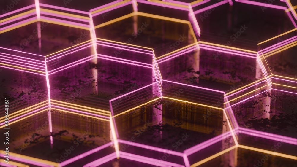 Poster Illuminated Hexagonal Pattern with Neon Pink and Yellow Lights..