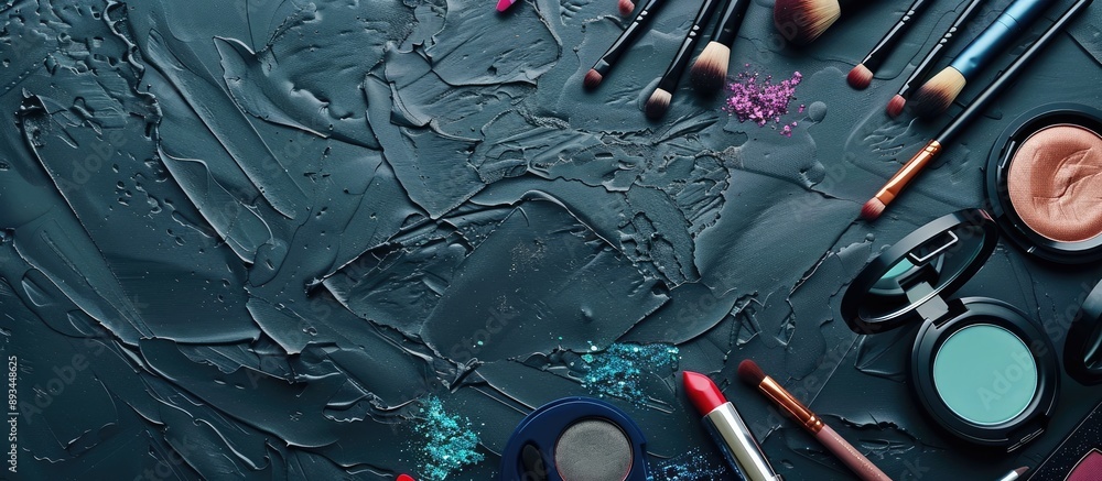 Poster Vibrant frame showcasing assorted makeup items on a textured black backdrop with focused center providing ample copy space image