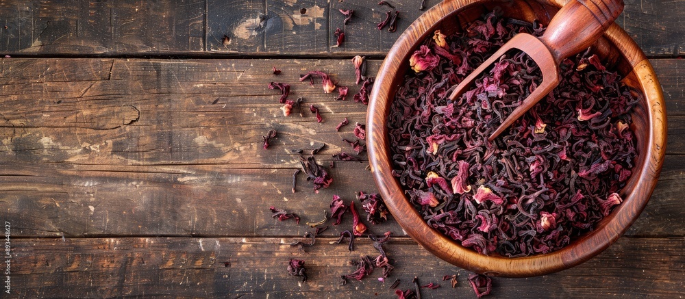 Aufkleber wooden table with a scoop and bowl filled with dry hibiscus tea offering ample copy space image for 