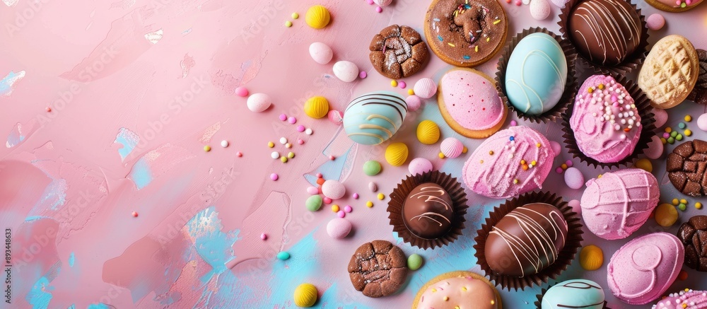 Poster delicious chocolate easter eggs and cookies displayed against a colorful background with copy space 