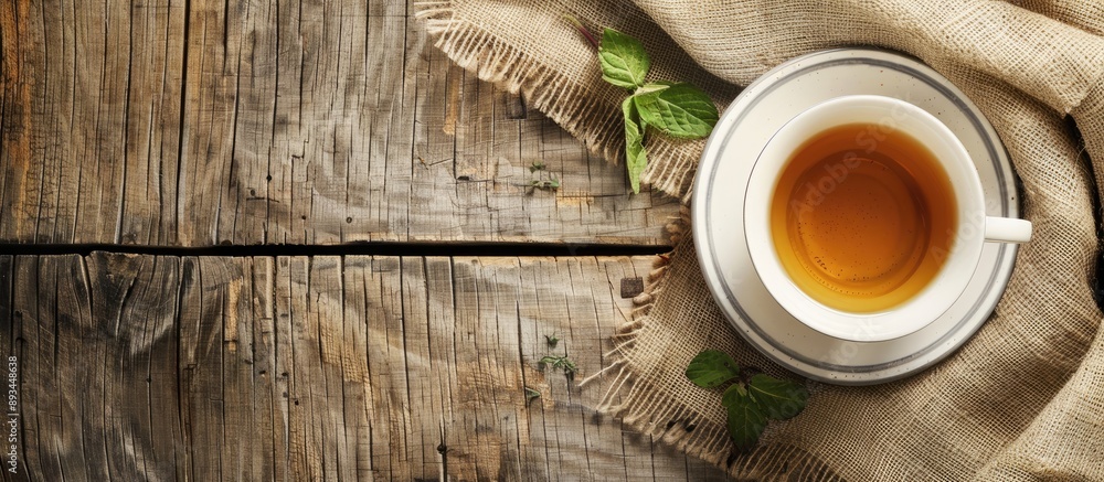 Aufkleber Top view of herbal tea displayed with a cup on a wooden table featuring a chalkboard for adding text or images in the copy space image