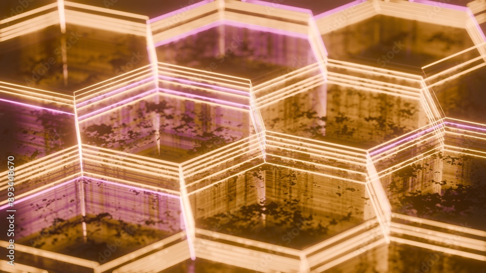 Poster Illuminated Hexagonal Pattern with Neon Pink and Yellow Lights..