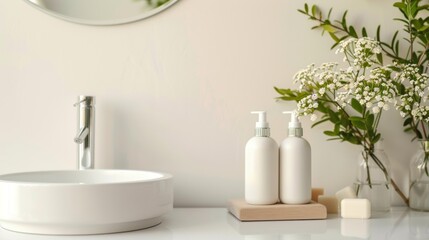 Fototapeta premium Minimalist bathroom decor with flowers and soap dispensers