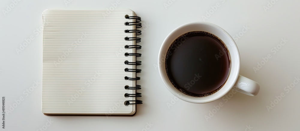 Poster a coffee cup and notebook viewed from the top against a white backdrop featuring copy space image