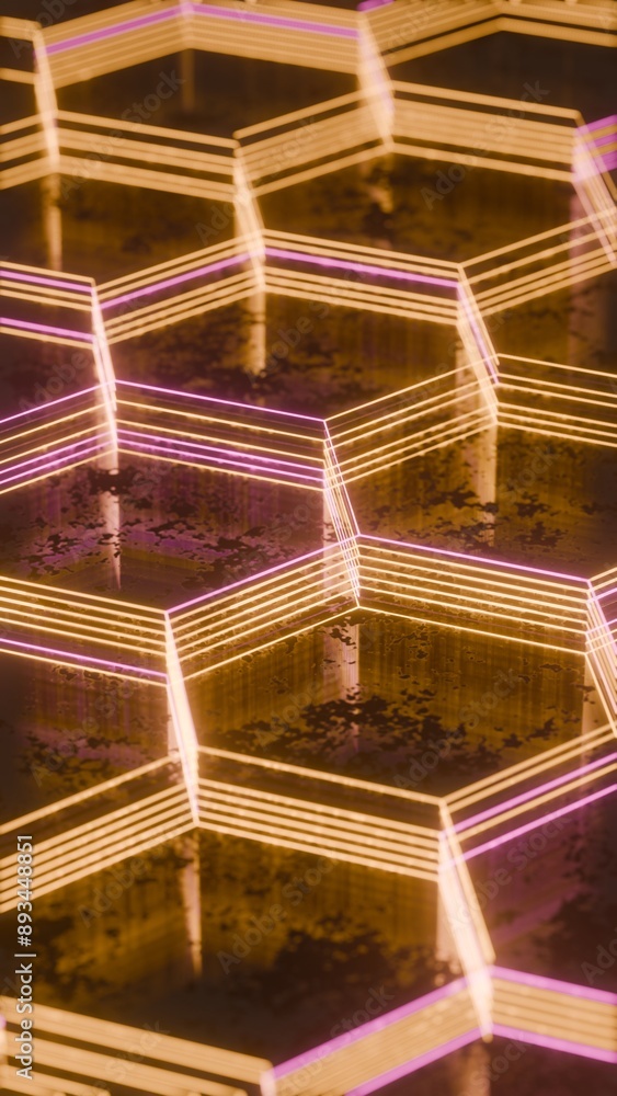Poster Illuminated Hexagonal Pattern with Neon Pink and Yellow Lights..