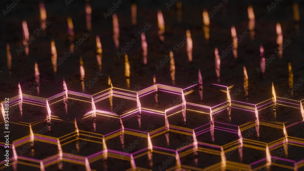 Fototapete illuminated hexagonal pattern with neon pink and yellow lights..