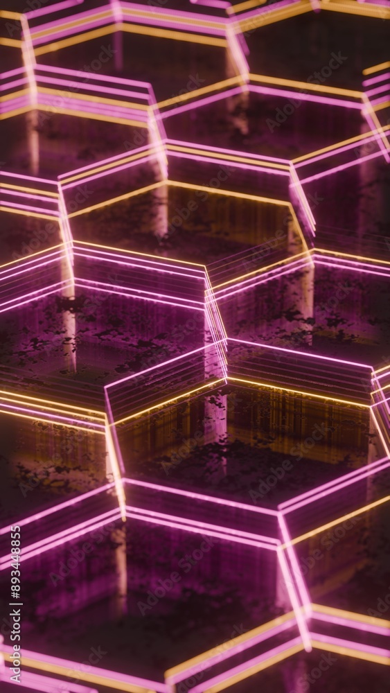 Aufkleber illuminated hexagonal pattern with neon pink and yellow lights..