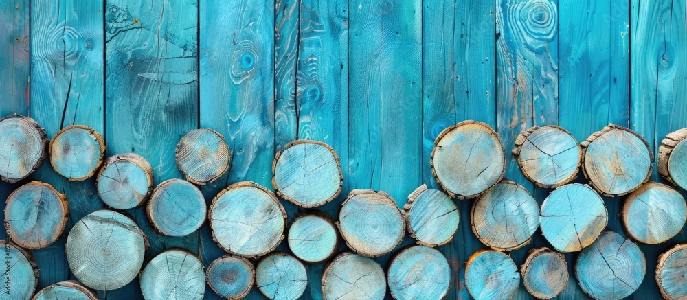Aufkleber Vertical sky blue logs create a stylish log board wall texture background with copy space image