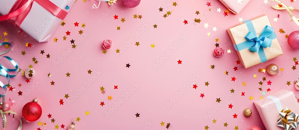 Poster Flat lay composition with decorative elements conveying a celebration concept featuring copy space image for text insertion