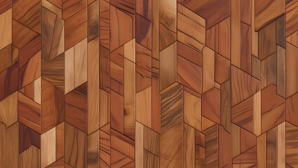 A close-up view of a wall covered in geometric wooden paneling. The paneling is made up of various shapes and sizes of wood, all with unique grain patterns. The wood is a warm brown color