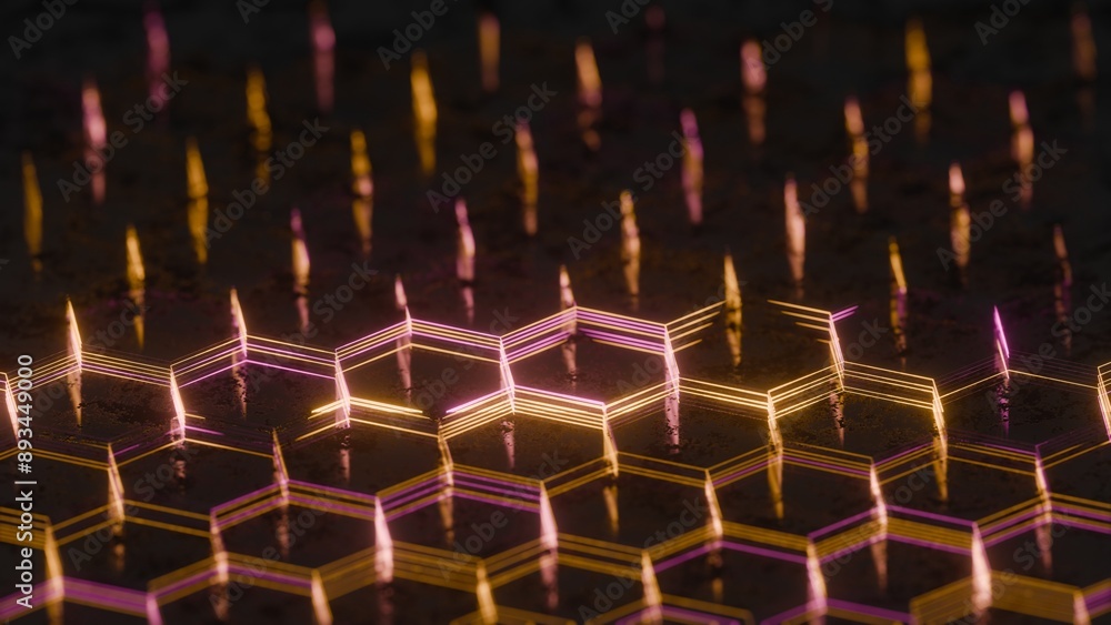 Poster Illuminated Hexagonal Pattern with Neon Pink and Yellow Lights..