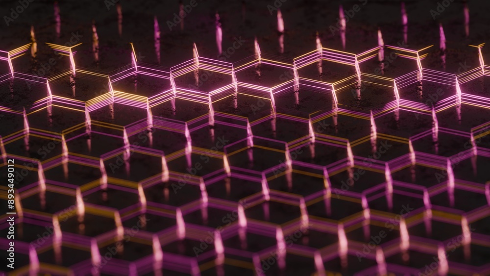 Poster Illuminated Hexagonal Pattern with Neon Pink and Yellow Lights..