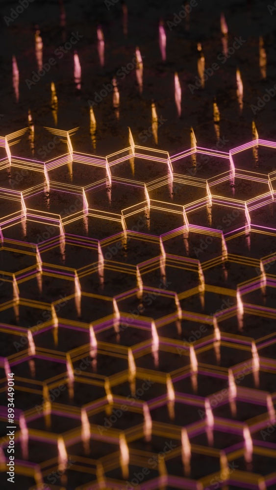 Poster Illuminated Hexagonal Pattern with Neon Pink and Yellow Lights..