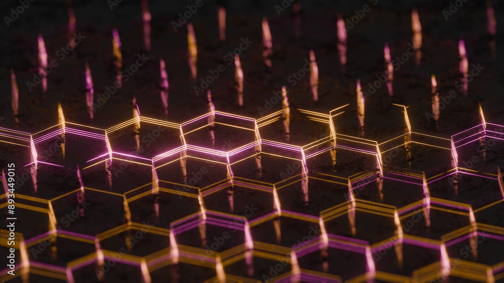 Poster Illuminated Hexagonal Pattern with Neon Pink and Yellow Lights..