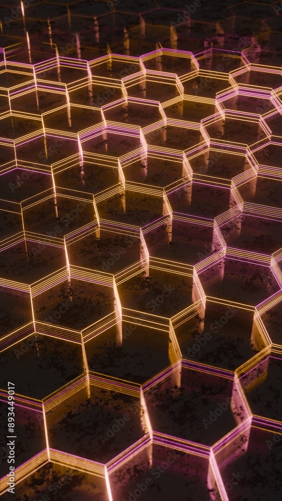 Poster Illuminated Hexagonal Pattern with Neon Pink and Yellow Lights..