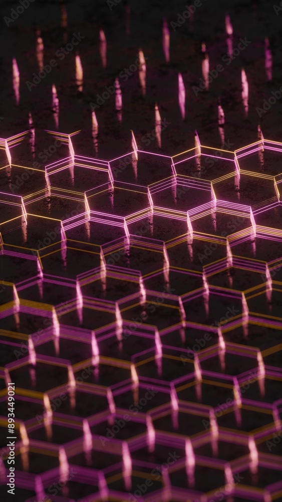 Aufkleber illuminated hexagonal pattern with neon pink and yellow lights..