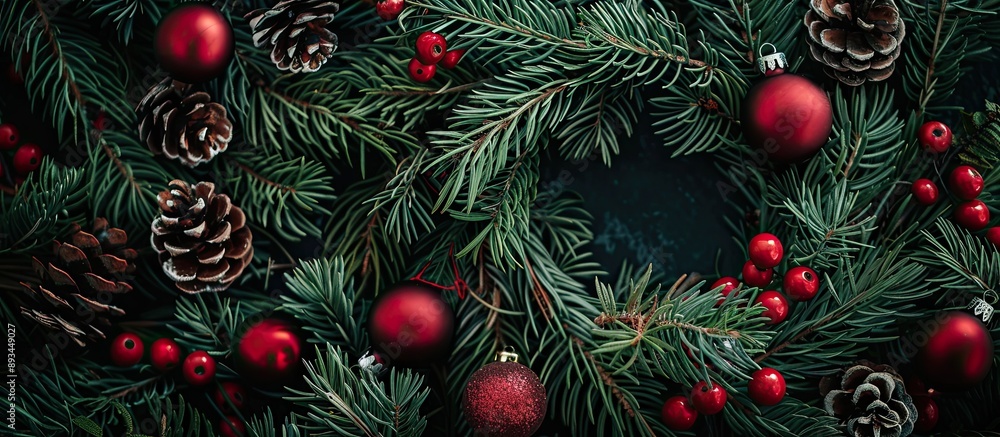 Poster A festive arrangement with Christmas tree branches wreath and red ornaments creates a nature themed New Year concept in a flat lay style featuring copy space image