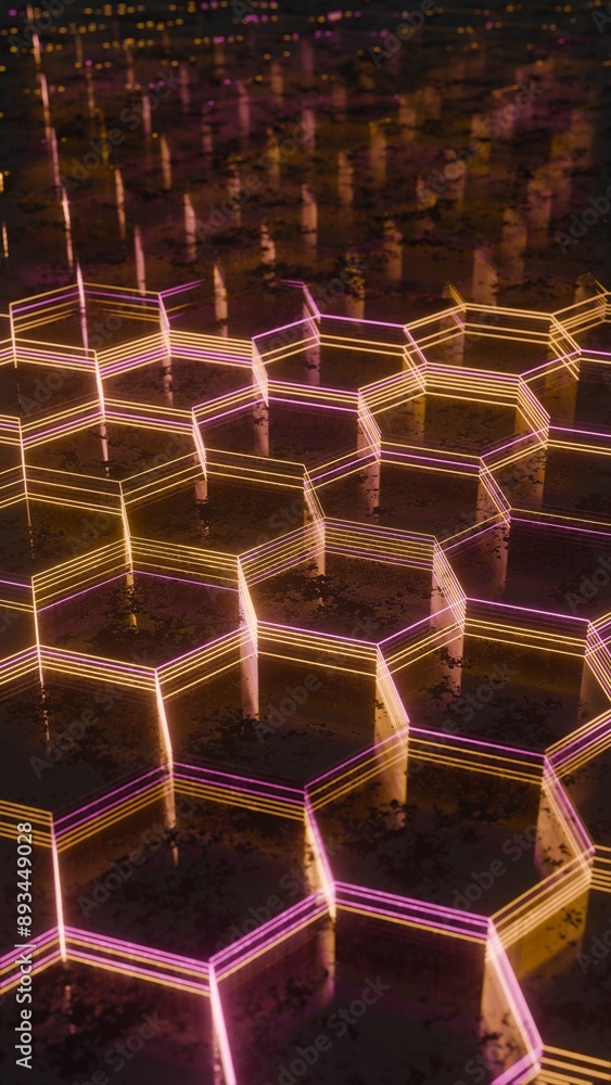 Poster Illuminated Hexagonal Pattern with Neon Pink and Yellow Lights..