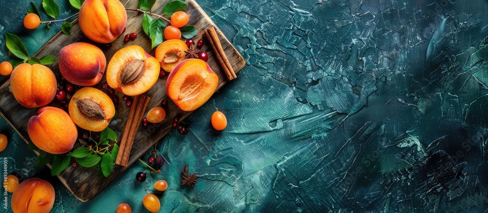 Poster sliced apricots and sloe berries with cinnamon are seen from above on a cutting board with a green b