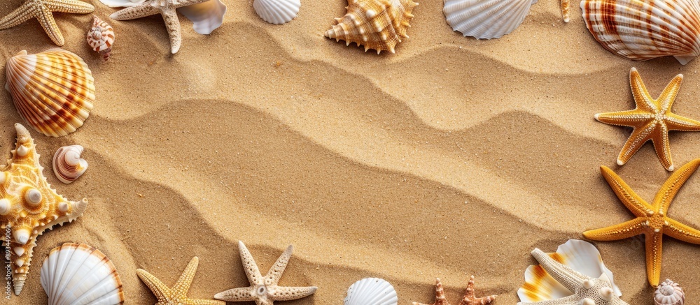 Aufkleber picture frame with seashells on a sandy background featuring copy space image