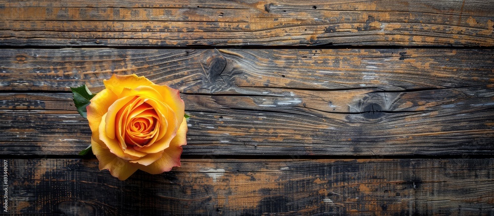 Poster A luxurious yellow rose with delicate petals on a rustic wooden background viewed from the top creating ample space for additional images