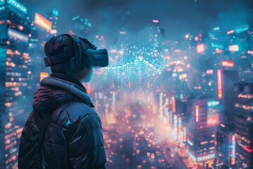 Child in winter jacket immersed in VR game, urban cyber cityscape, concept of technology, exploration, and futuristic gaming