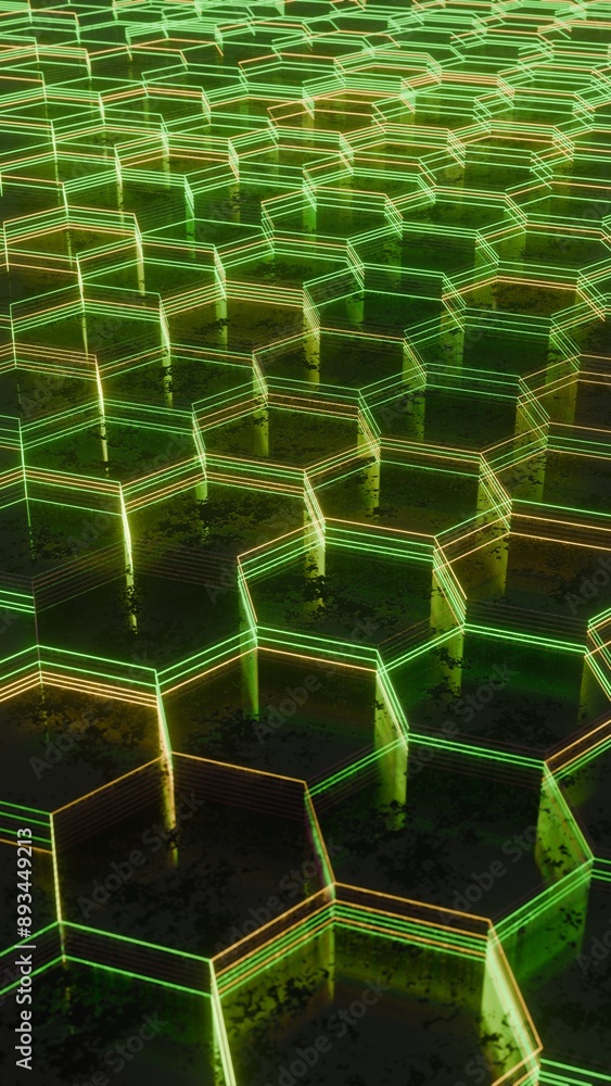 Poster illuminated hexagonal pattern with neon green and yellow lights..