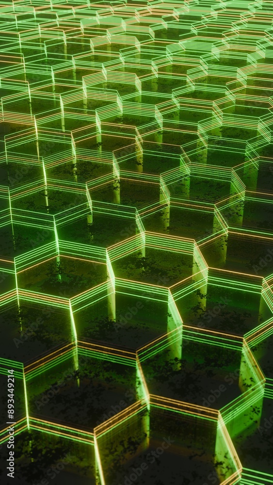 Aufkleber Illuminated Hexagonal Pattern with Neon Green and Yellow Lights..