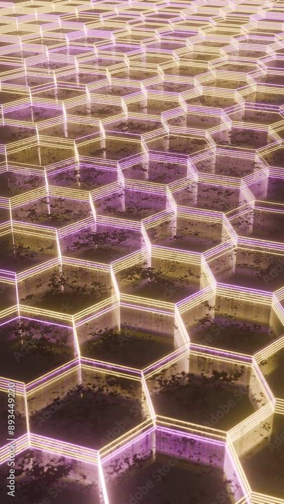 Aufkleber illuminated hexagonal pattern with neon pink and yellow lights..