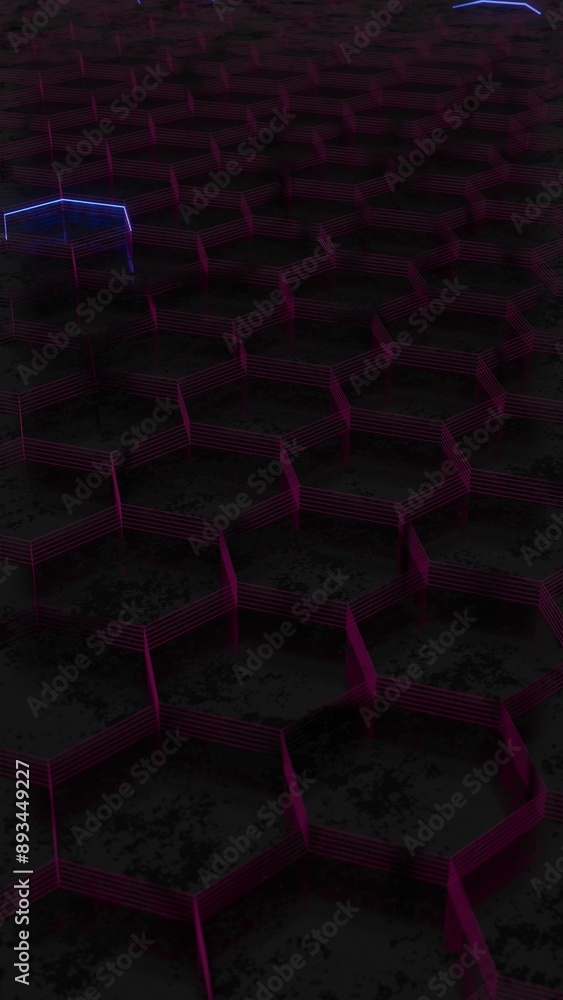 Poster Illuminated Hexagonal Pattern with Neon Pink and Yellow Lights..