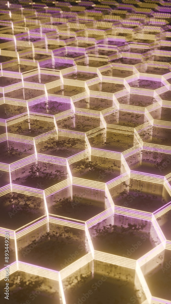 Poster Illuminated Hexagonal Pattern with Neon Pink and Yellow Lights..