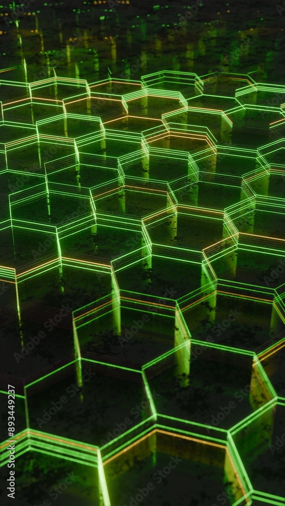 Fototapete Illuminated Hexagonal Pattern with Neon Green and Yellow Lights..