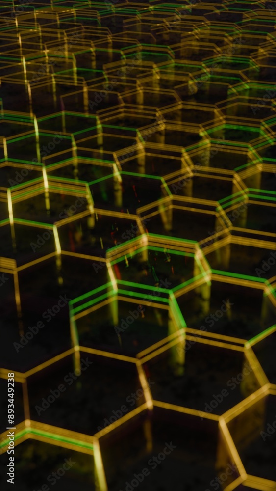 Poster Illuminated Hexagonal Pattern with Neon Green and Yellow Lights..