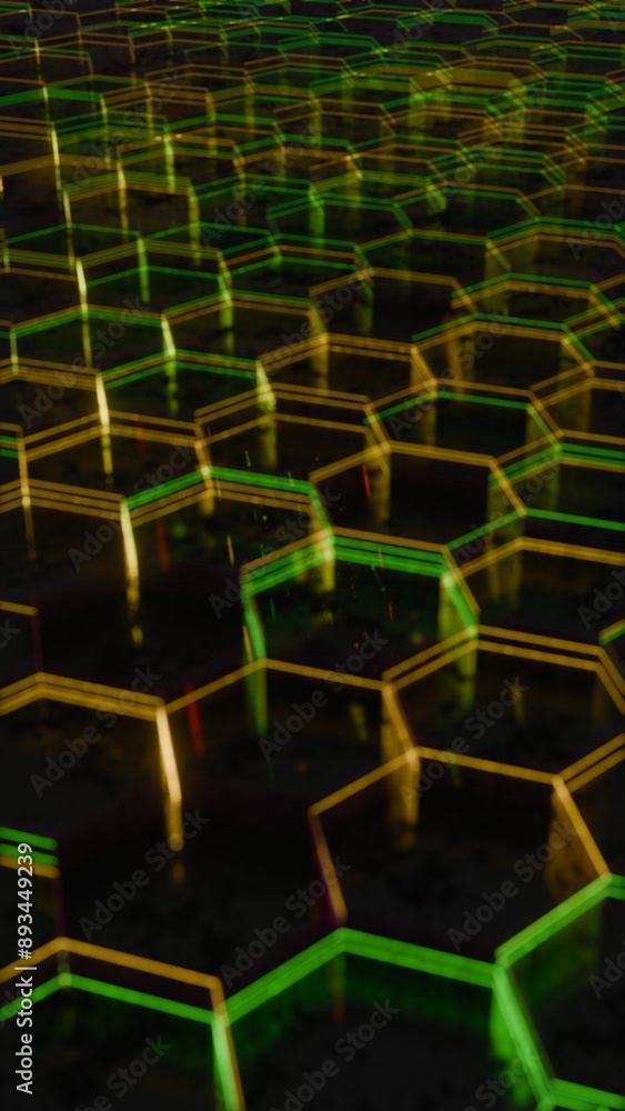 Aufkleber Illuminated Hexagonal Pattern with Neon Green and Yellow Lights..