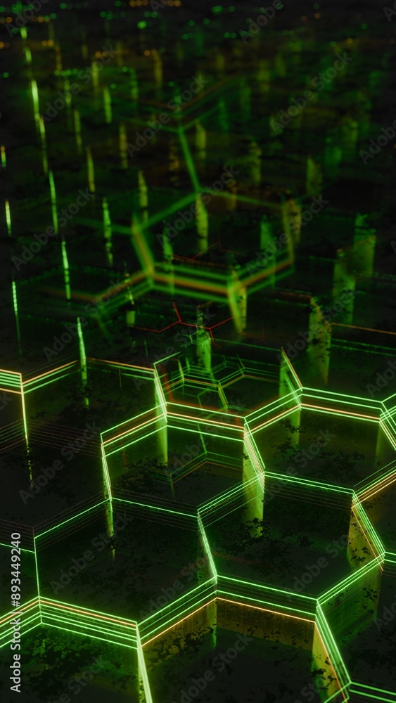 Poster illuminated hexagonal pattern with neon green and yellow lights..