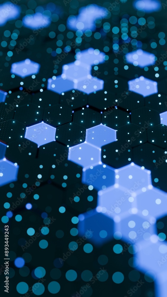 Poster abstract blue hexagonal pattern with glowing dots and geometric design..