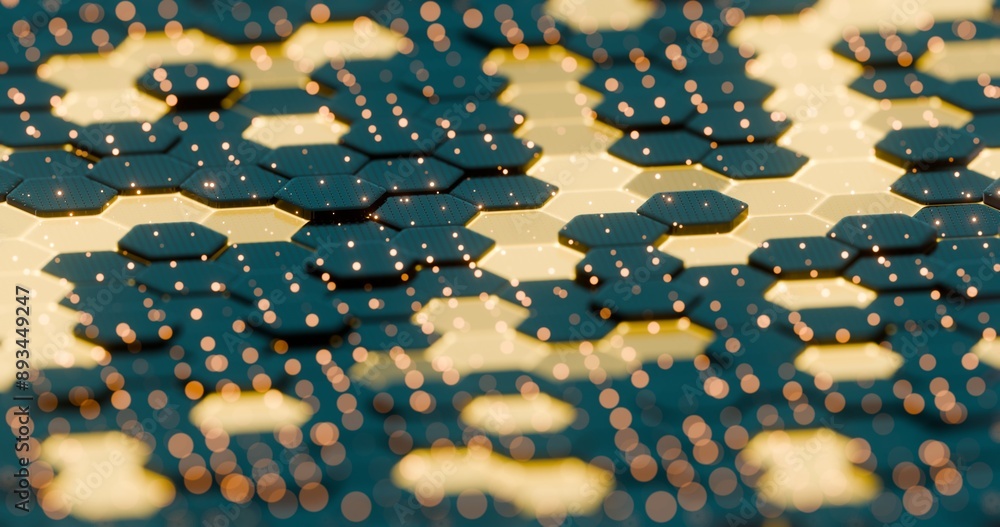 Poster Abstract Illuminated Hexagonal Pattern with Golden Accents and Sparkling Lights..