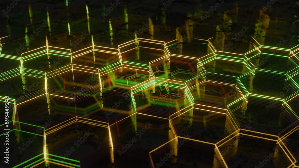 Aufkleber Illuminated Hexagonal Pattern with Neon Green and Yellow Lights..