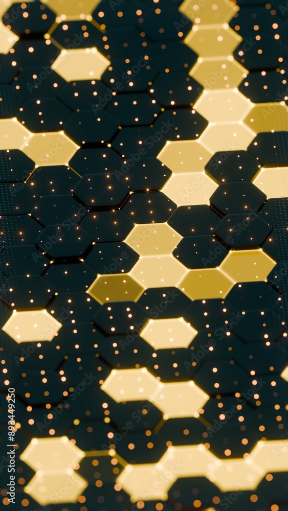 Poster Abstract Illuminated Hexagonal Pattern with Golden Accents and Sparkling Lights..