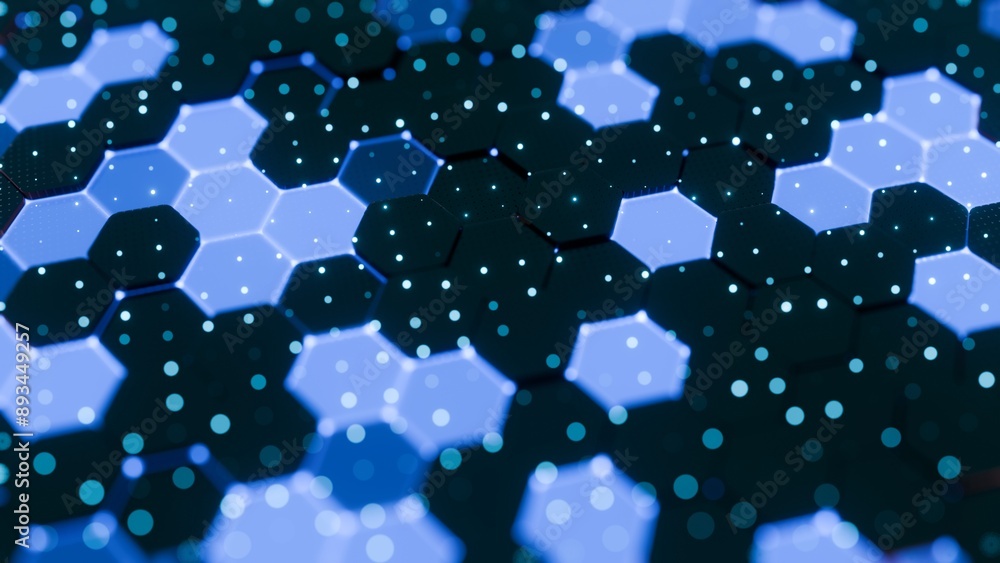 Poster Abstract Blue Hexagonal Pattern with Glowing Dots and Geometric Design..