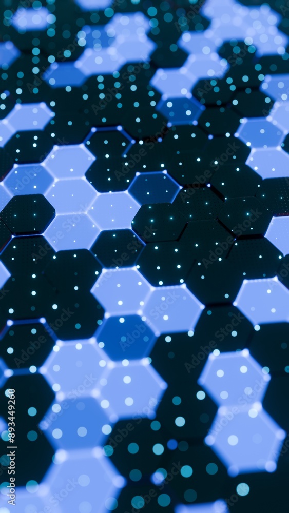 Poster abstract blue hexagonal pattern with glowing dots and geometric design..