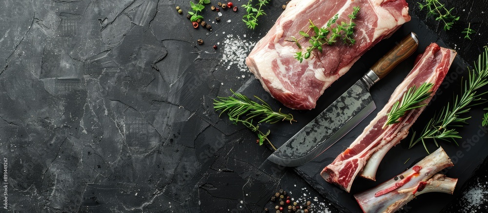 Fototapete A fresh cut of pork from the neck with herbs and a butcher knife on a black stone table background perfect for text in the image. with copy space image. Place for adding text or design