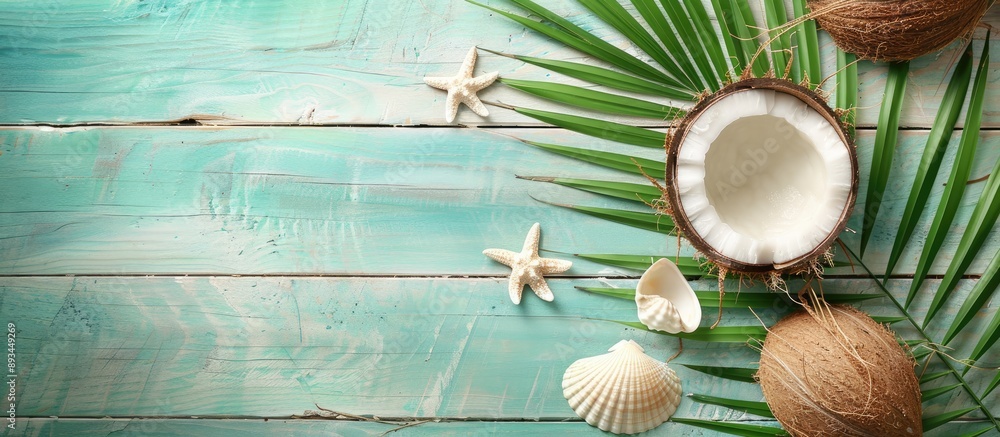 Aufkleber A top view photo of a coconut leaf and seashell on a wooden background representing a summer concept with space for adding your product in the image. with copy space image