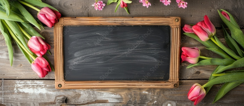 Aufkleber Chalkboard sitting on wooden surface adorned with flowers presents a spring themed setting in a flat lay composition with a copy space image