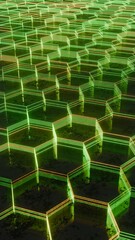 Illuminated Hexagonal Pattern with Neon Green and Yellow Lights..