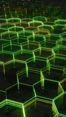 Illuminated Hexagonal Pattern with Neon Green and Yellow Lights..