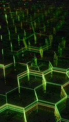 Illuminated Hexagonal Pattern with Neon Green and Yellow Lights..